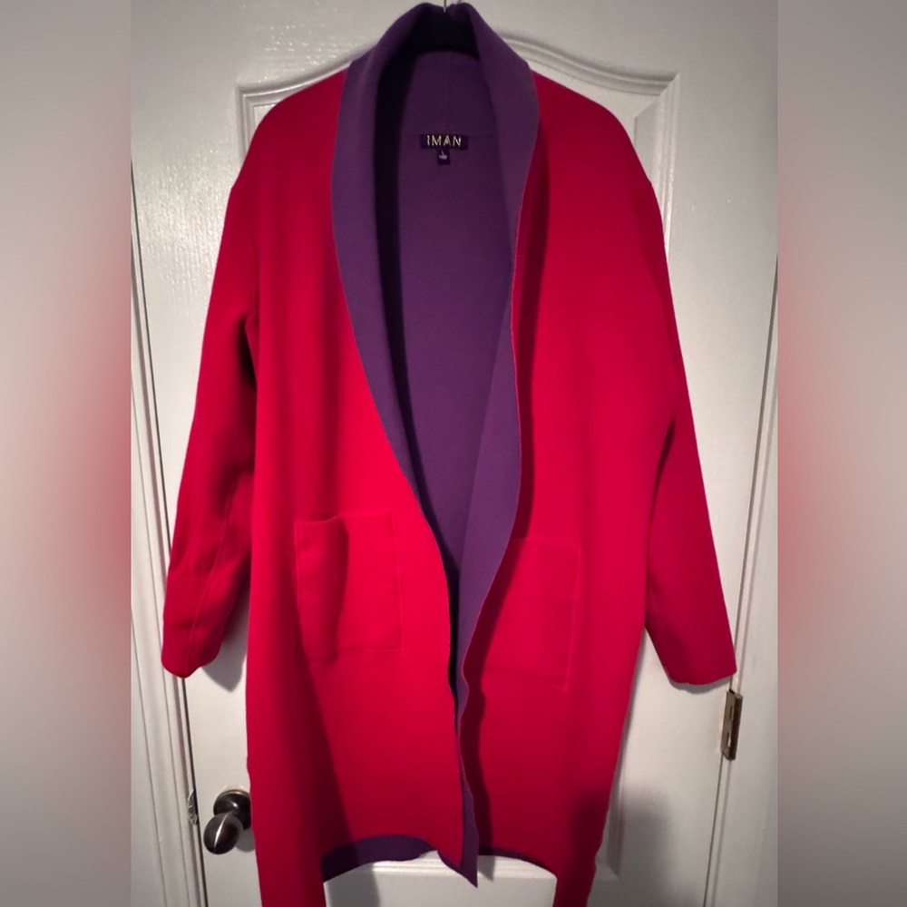 IMAN Red Jacket with Purple Lining. Long Sleeve with pockets. Size L